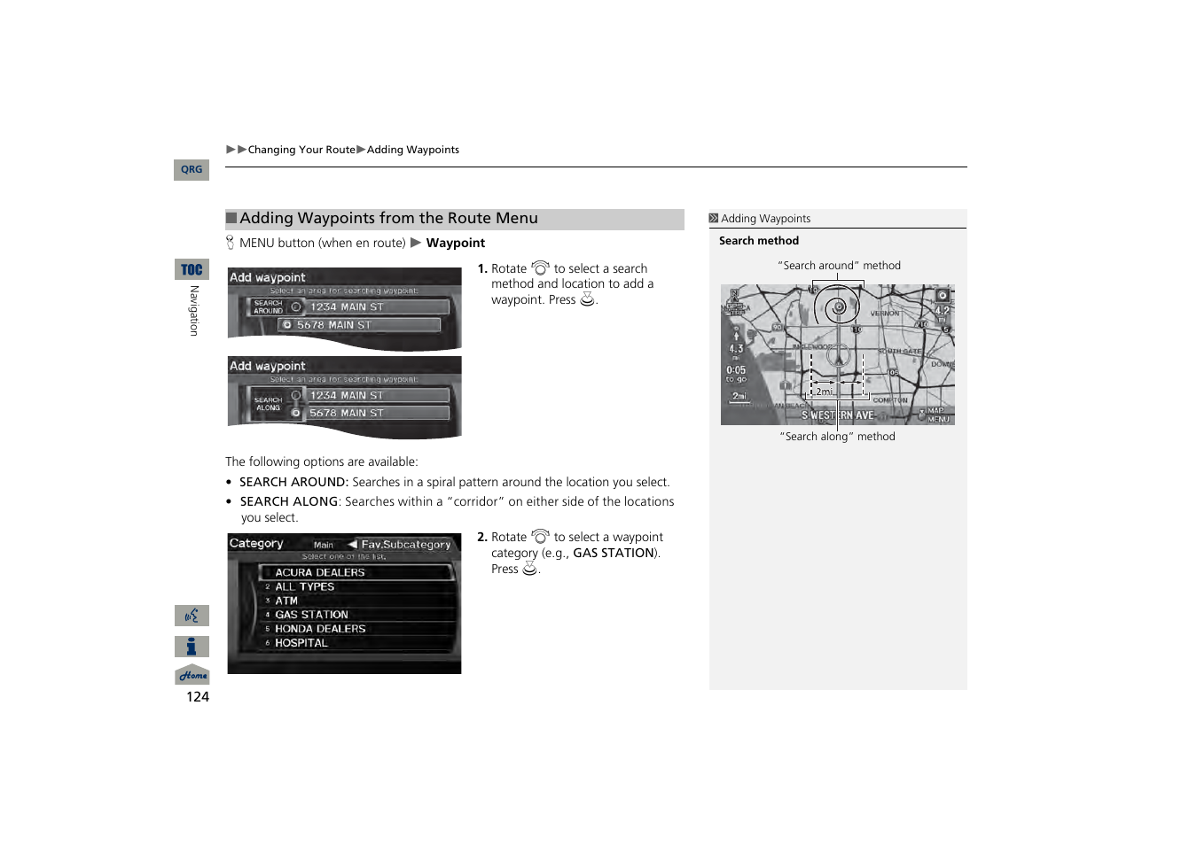 2 adding waypoints from the route menu, P. 124 | Acura 2013 TSX Navigation User Manual | Page 125 / 252