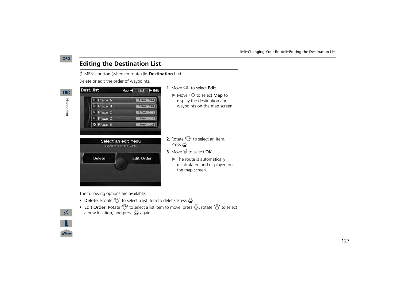 Editing my destination, 2 editing the destination list p. 127, 2 editing the destination list | P. 127, Editing the destination list | Acura 2013 TSX Navigation User Manual | Page 128 / 252