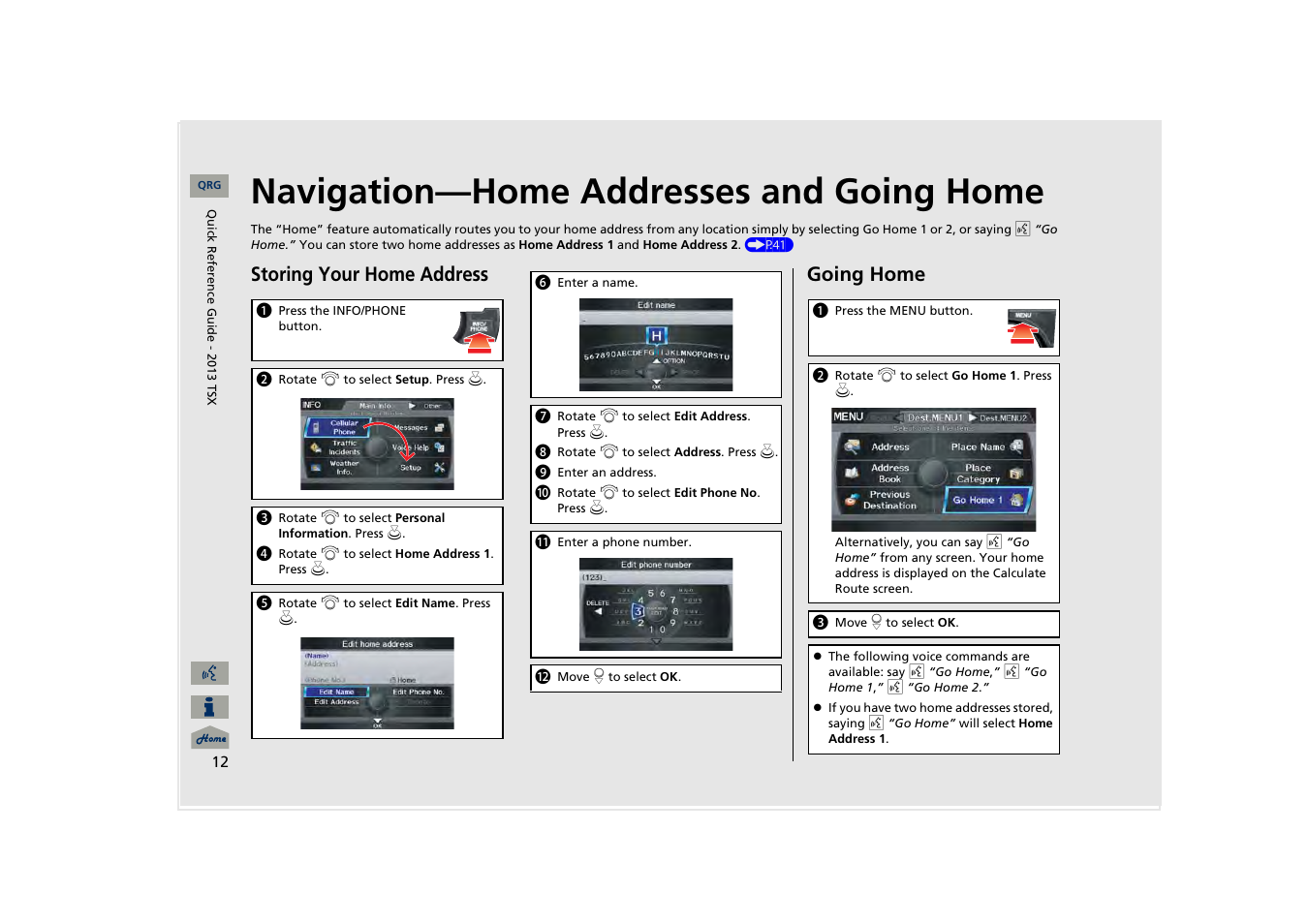 Navigation—home addresses and going home, Storing your home address, Going home | Acura 2013 TSX Navigation User Manual | Page 13 / 252