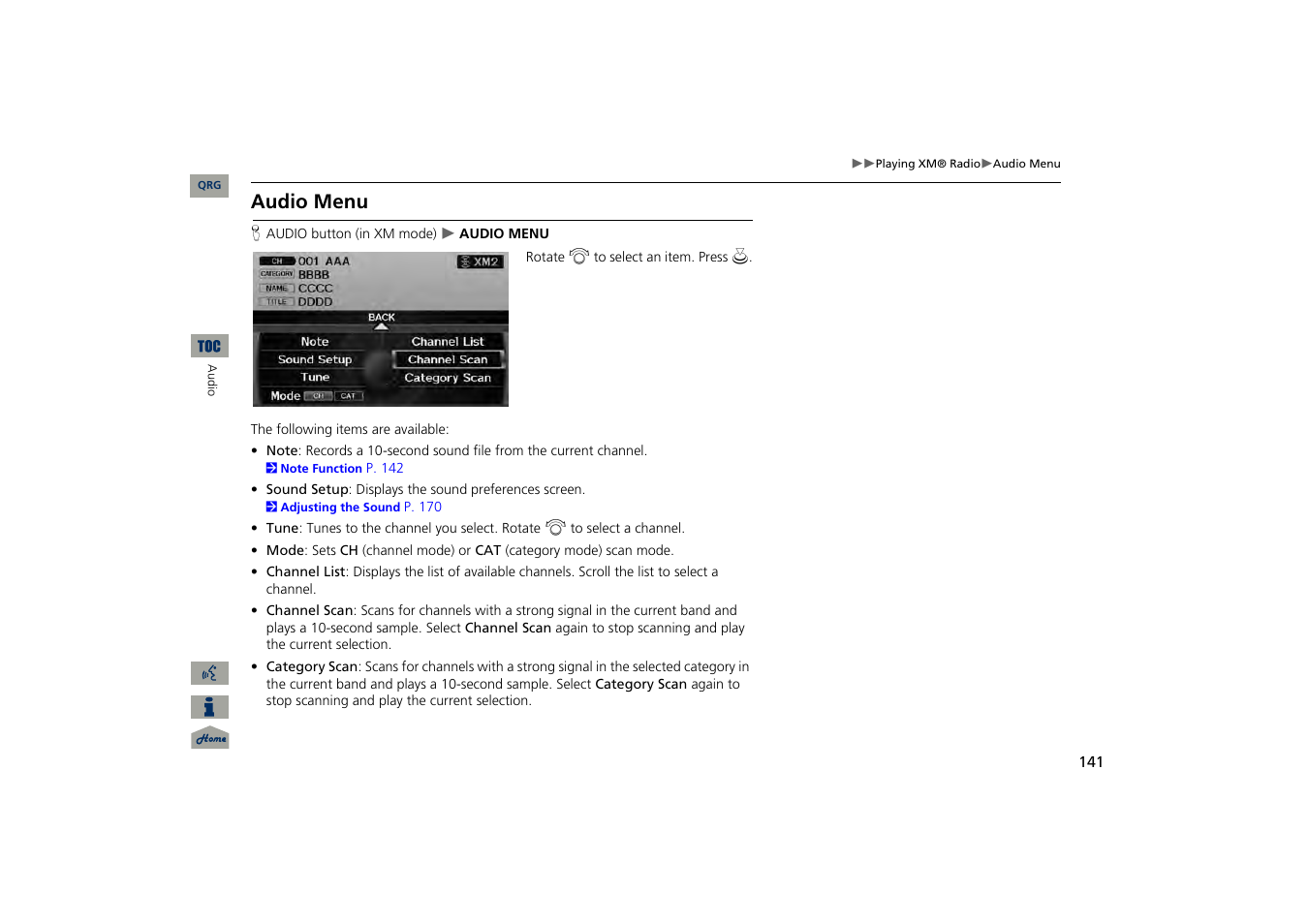 Audio menu, Menu | Acura 2013 TSX Navigation User Manual | Page 142 / 252