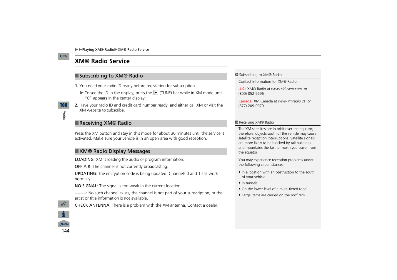 Xm® radio service, 2 subscribing to xm® radio p. 144, 2 xm® radio display messages p. 144 | Acura 2013 TSX Navigation User Manual | Page 145 / 252