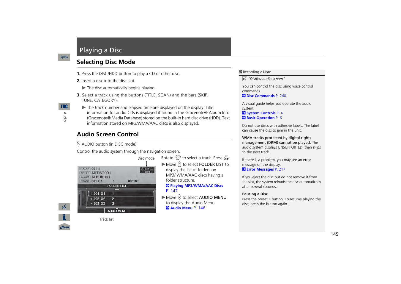Playing a disc, Selecting disc mode, Audio screen control | P145), Button, Compact disc | Acura 2013 TSX Navigation User Manual | Page 146 / 252