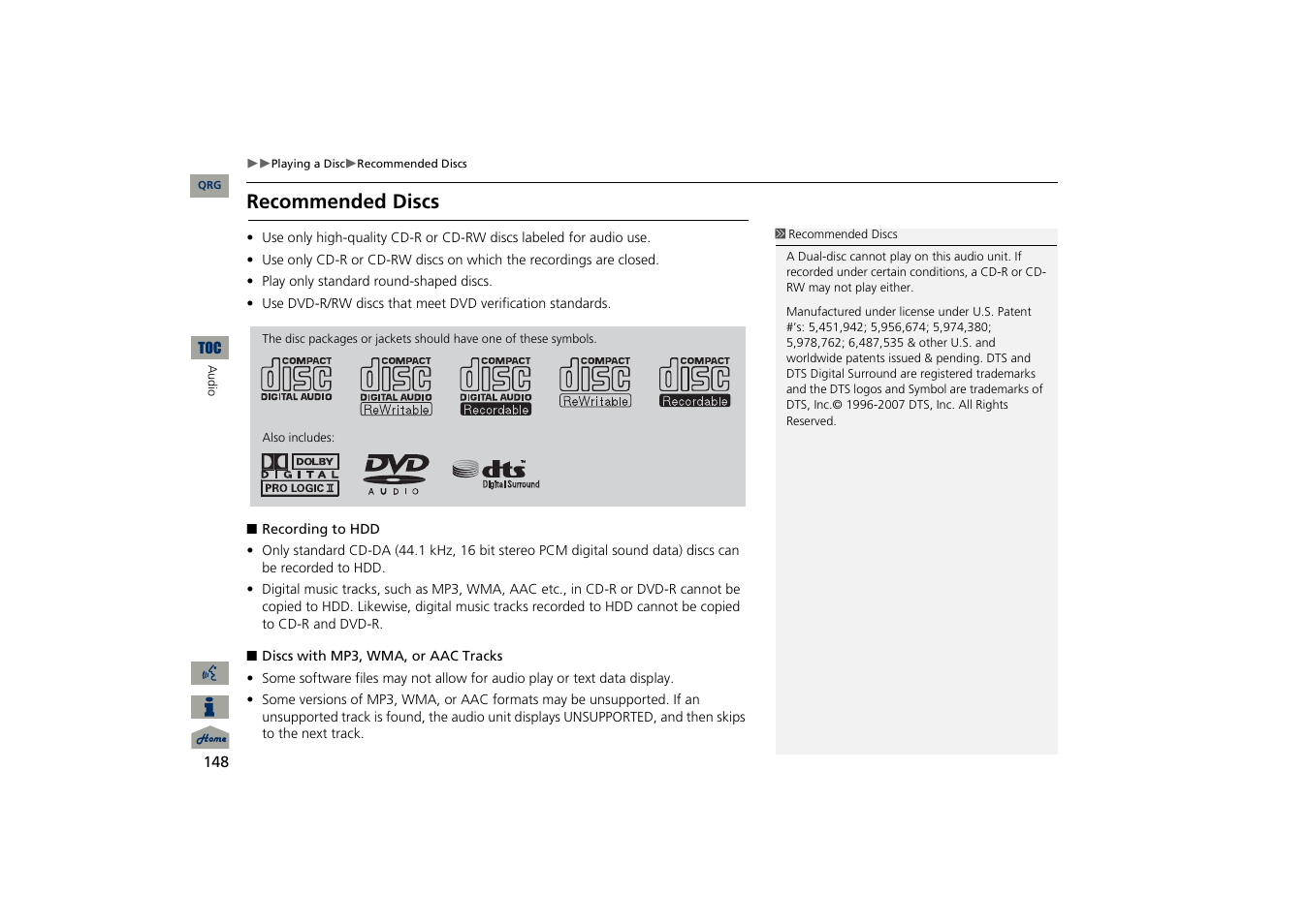 Recommended discs | Acura 2013 TSX Navigation User Manual | Page 149 / 252