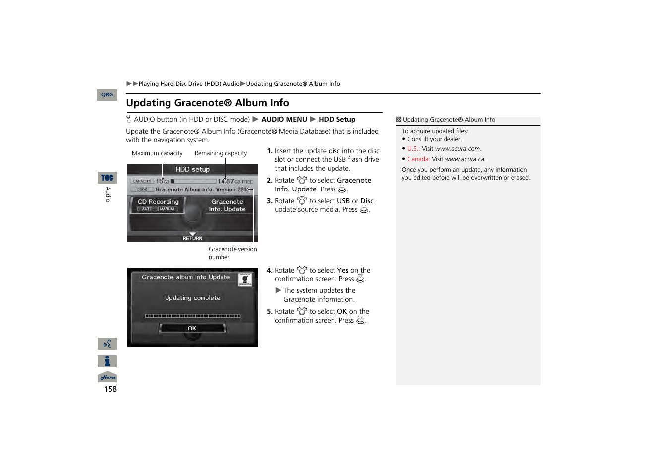 Updating gracenote®album info, 2 updating gracenote® album info, P. 158 | Acura 2013 TSX Navigation User Manual | Page 159 / 252