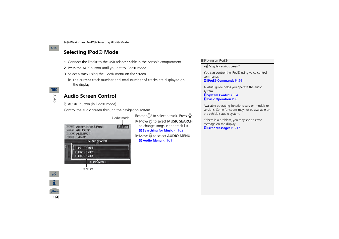 Selecting ipod® mode, Audio screen control | Acura 2013 TSX Navigation User Manual | Page 161 / 252