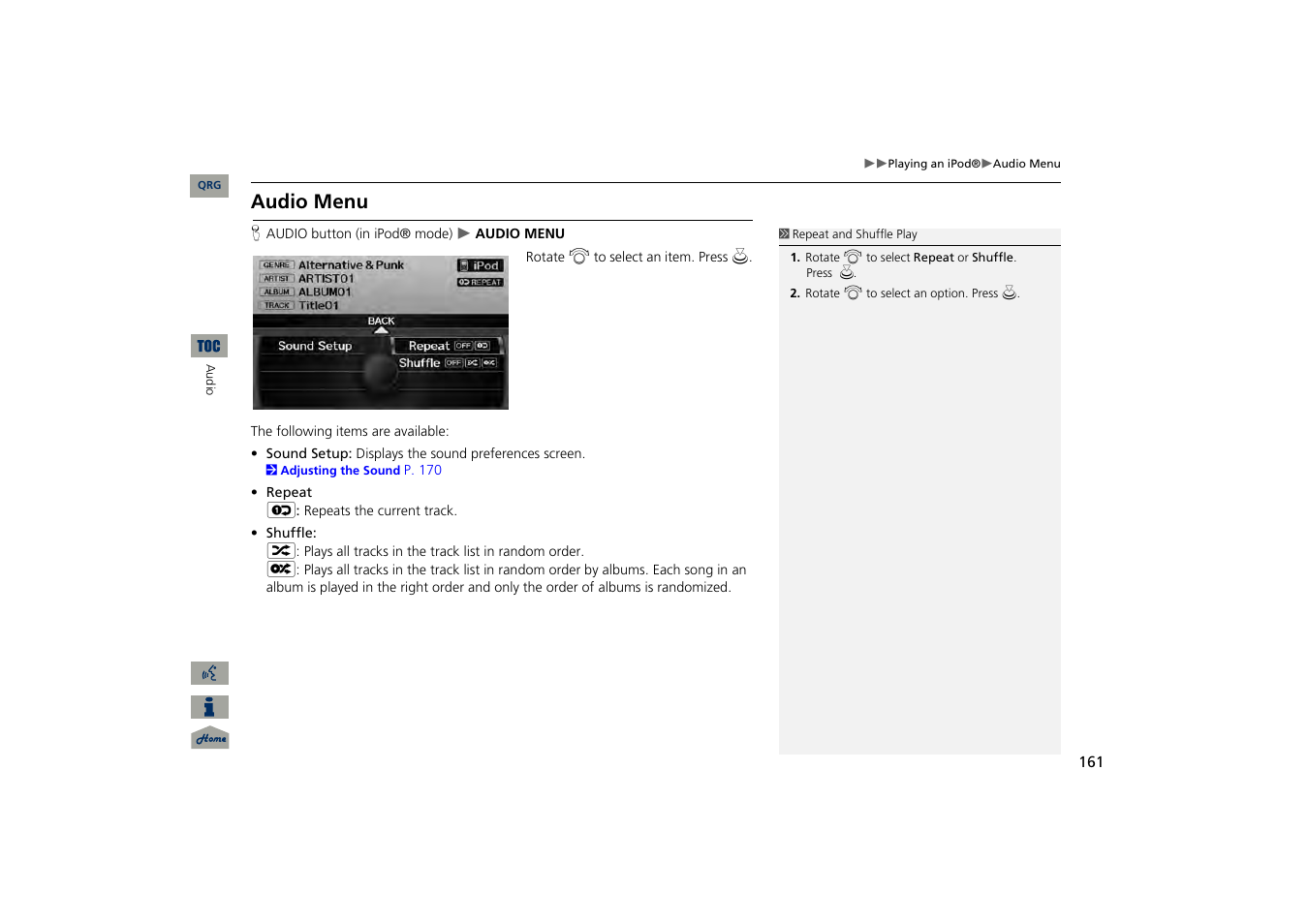 Audio menu, 2 audio menu, P. 161 | Acura 2013 TSX Navigation User Manual | Page 162 / 252