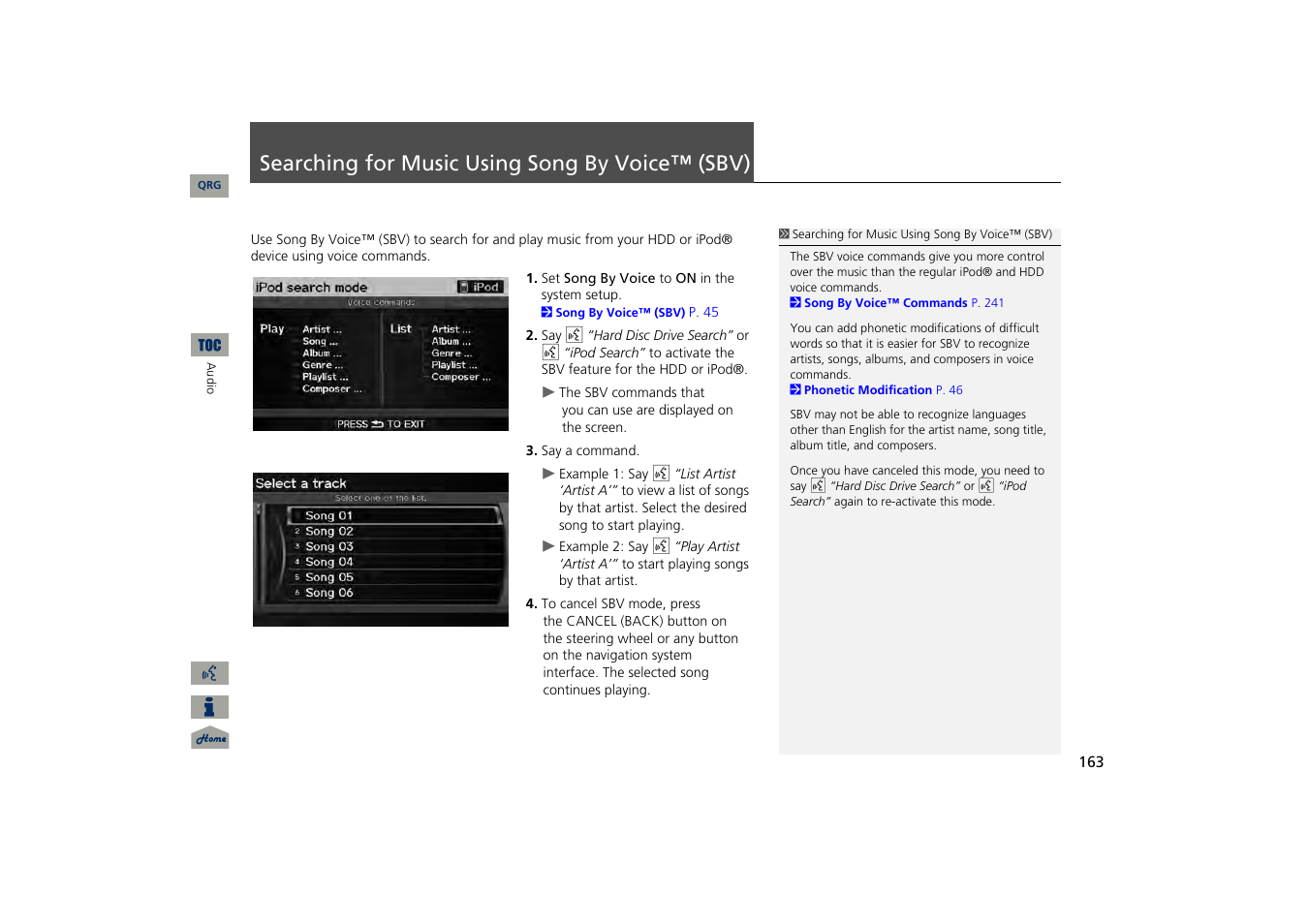 Searching for music using song by voice™ (sbv), Searching for music using song by voice, Sbv) | Acura 2013 TSX Navigation User Manual | Page 164 / 252