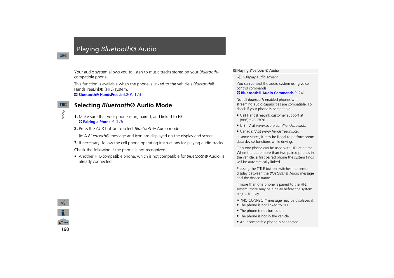 Playing bluetooth® audio, Selecting bluetooth® audio mode, P168) | Playing bluetooth ® audio, Selecting bluetooth ® audio mode | Acura 2013 TSX Navigation User Manual | Page 169 / 252