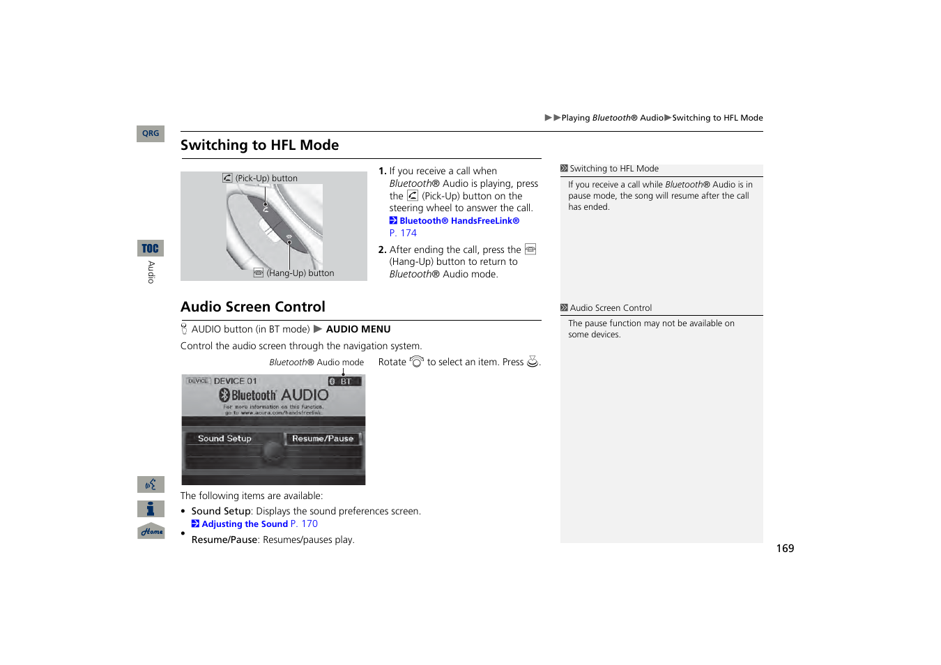 Switching to hfl mode, Audio screen control | Acura 2013 TSX Navigation User Manual | Page 170 / 252