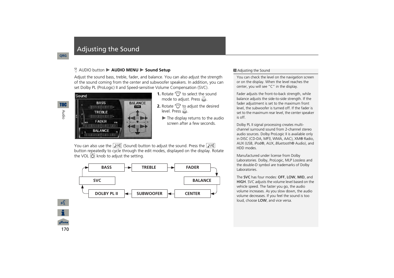 Adjusting the sound, P170), 2 adjusting the sound | P. 170 | Acura 2013 TSX Navigation User Manual | Page 171 / 252