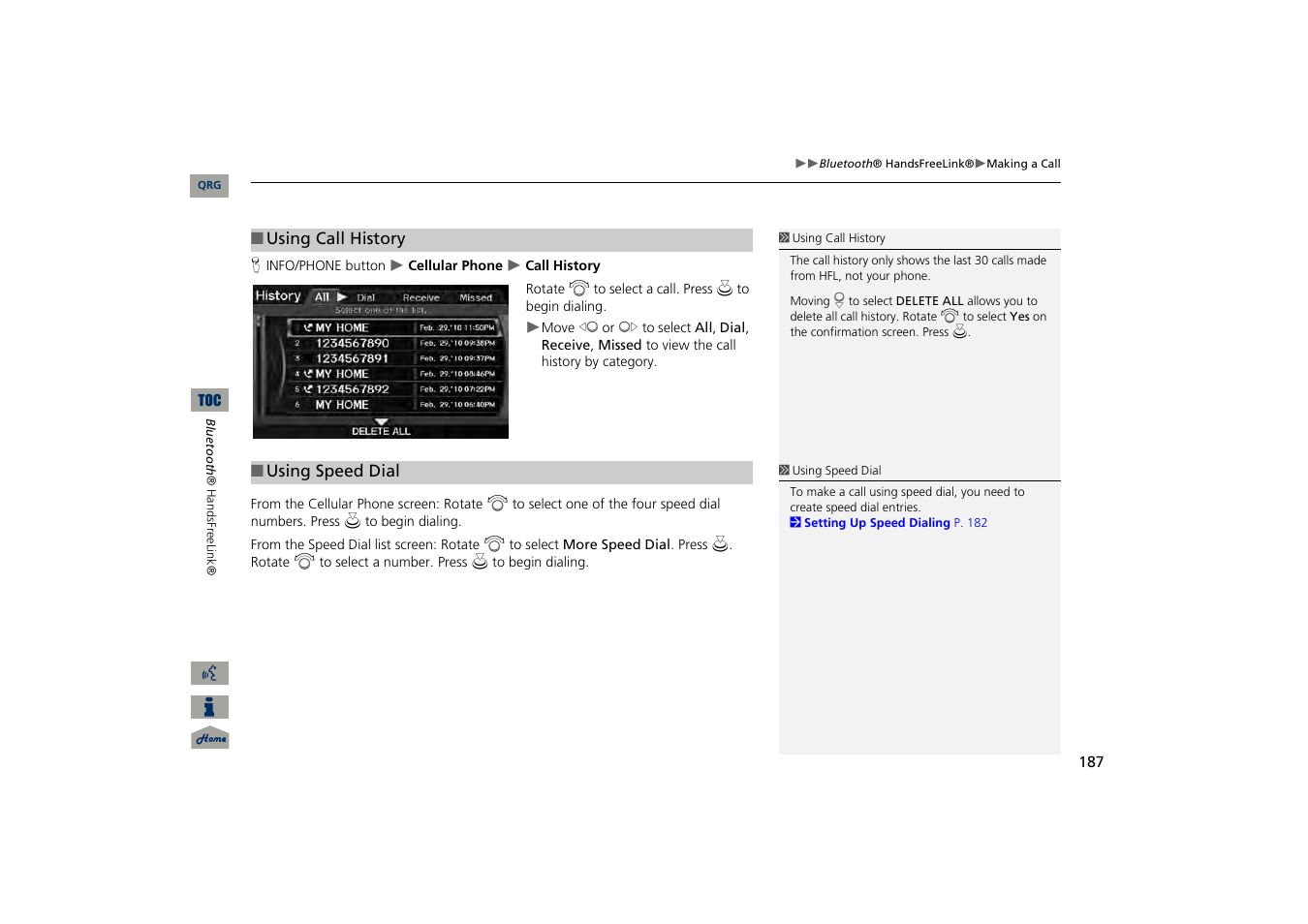 2 using call history, P. 187, 2 using speed dial | Acura 2013 TSX Navigation User Manual | Page 188 / 252