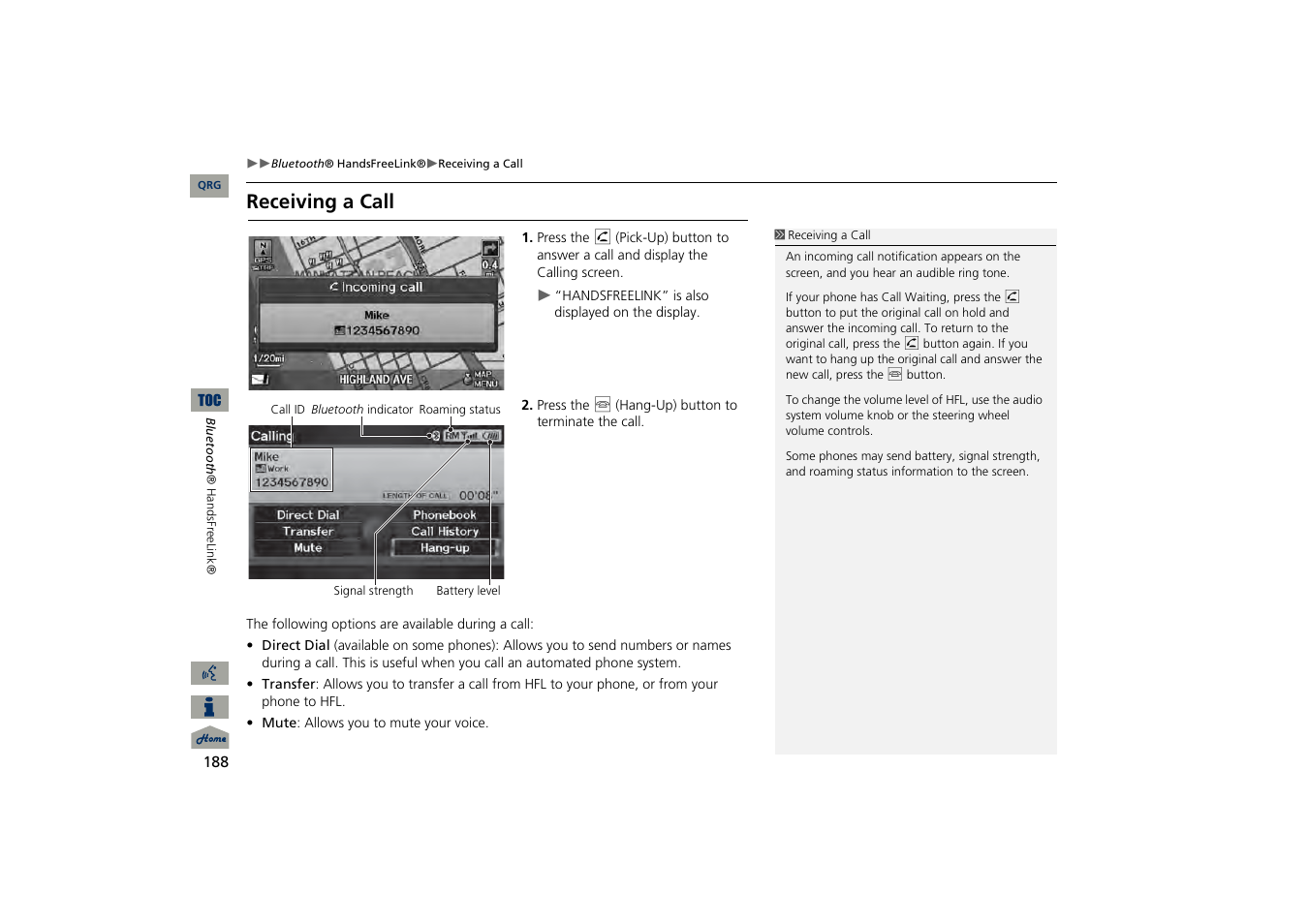 Receiving a call, P188), Tton | Acura 2013 TSX Navigation User Manual | Page 189 / 252