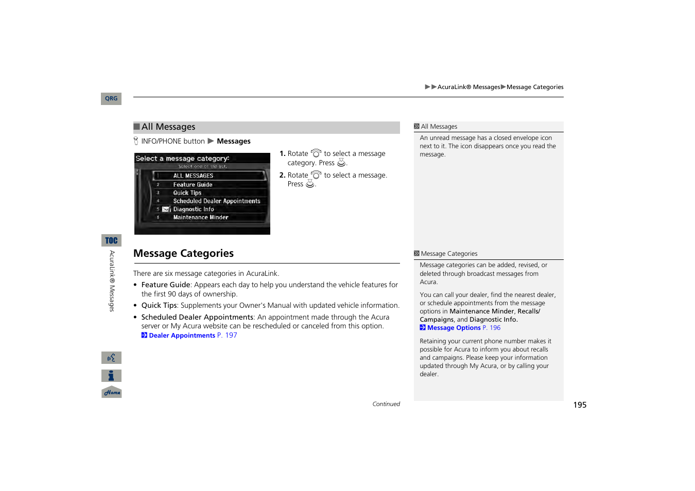 Message categories | Acura 2013 TSX Navigation User Manual | Page 196 / 252