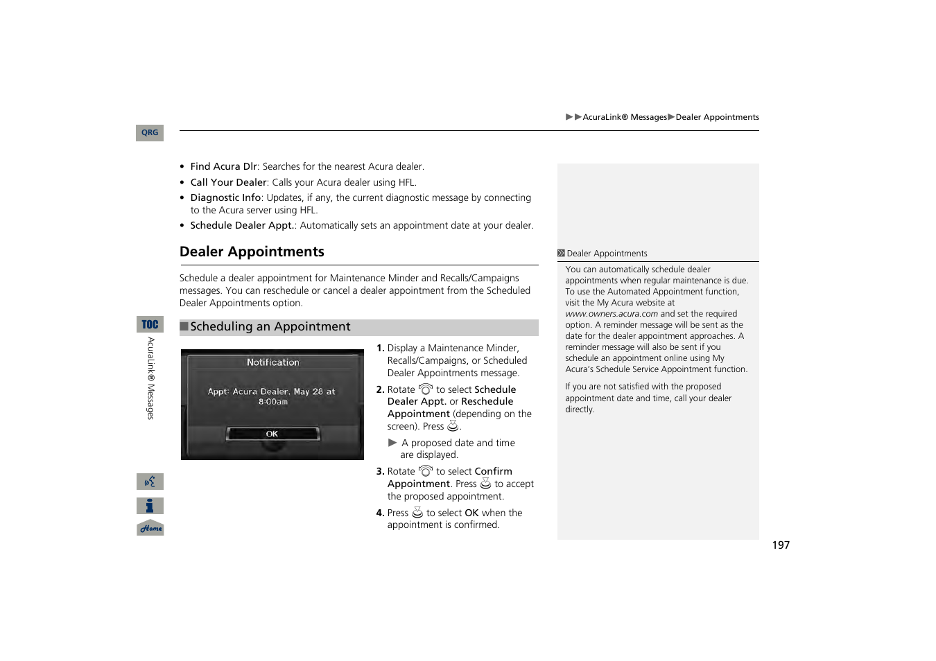 Dealer appointments | Acura 2013 TSX Navigation User Manual | Page 198 / 252