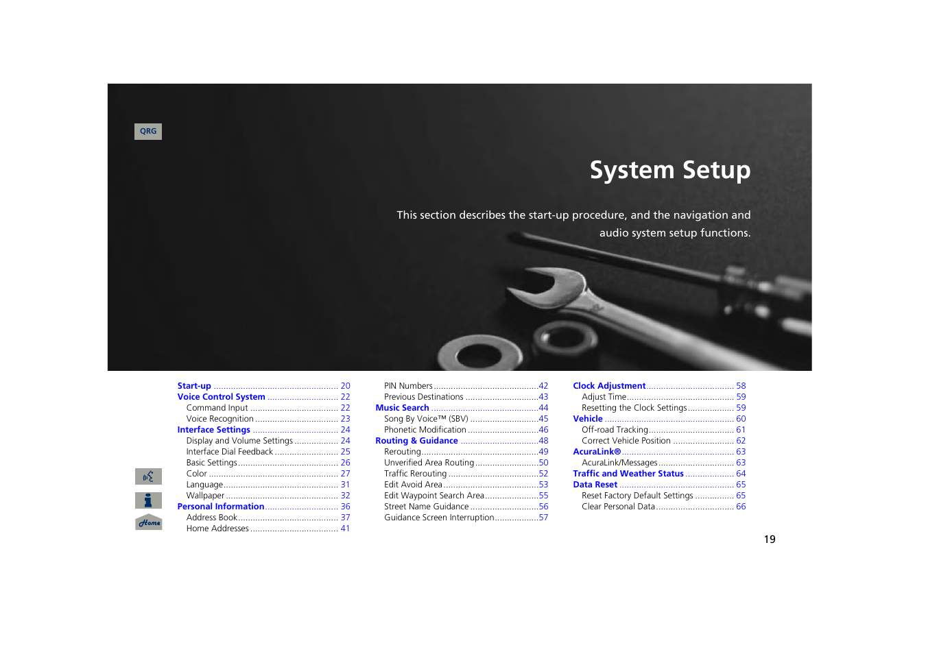 System setup, 2 system setup p. 19, P.19 | Acura 2013 TSX Navigation User Manual | Page 20 / 252