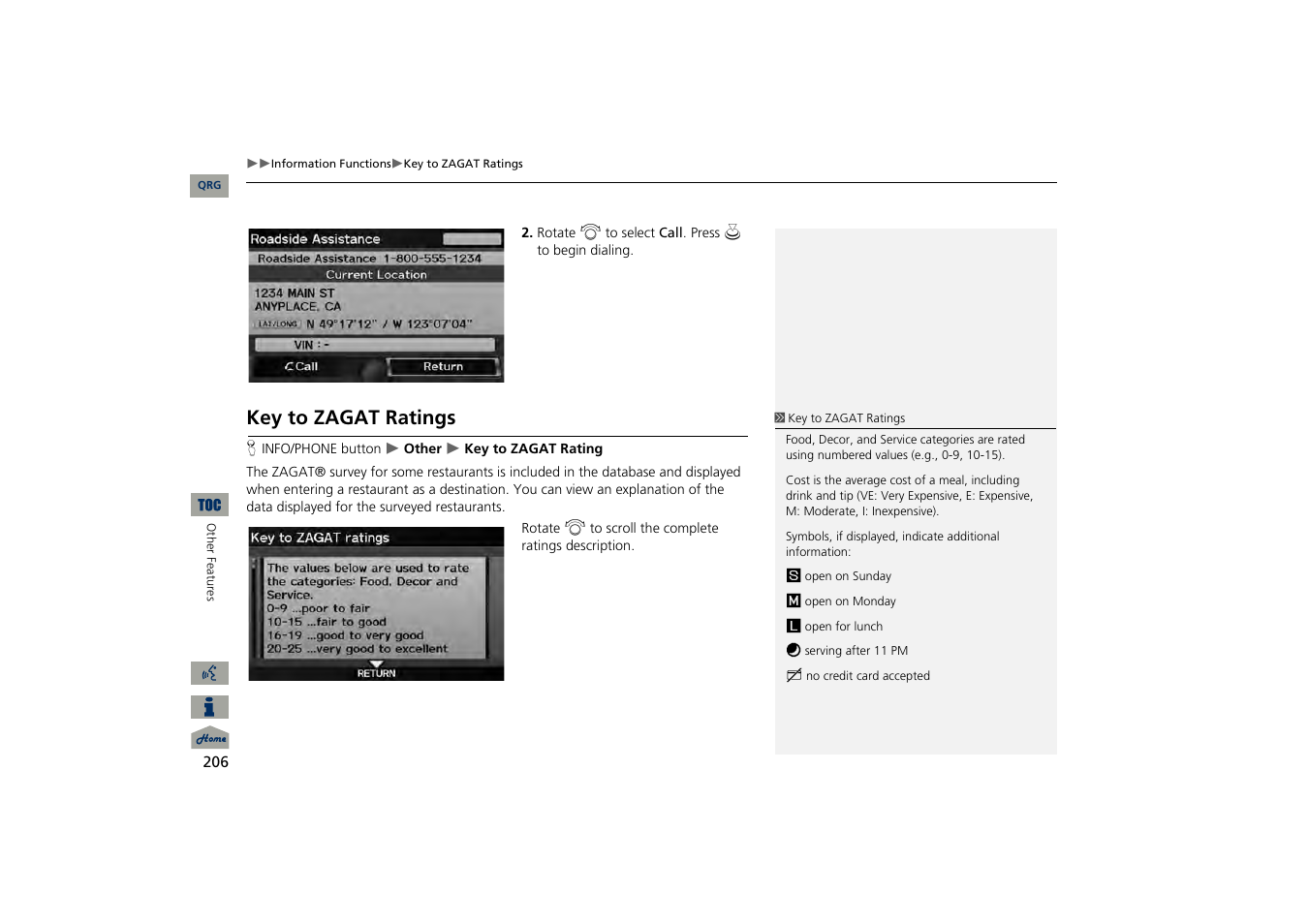 Key to zagat ratings, 2 key to zagat ratings p. 206 | Acura 2013 TSX Navigation User Manual | Page 207 / 252