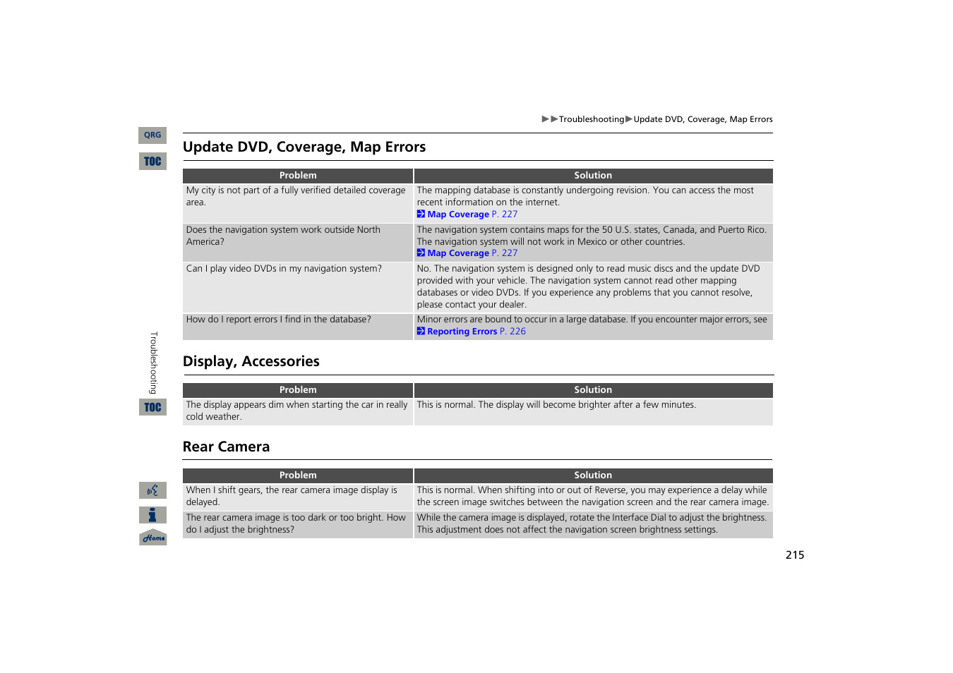 Update dvd, coverage, map errors, Display accessories, Rear camera | Acura 2013 TSX Navigation User Manual | Page 216 / 252