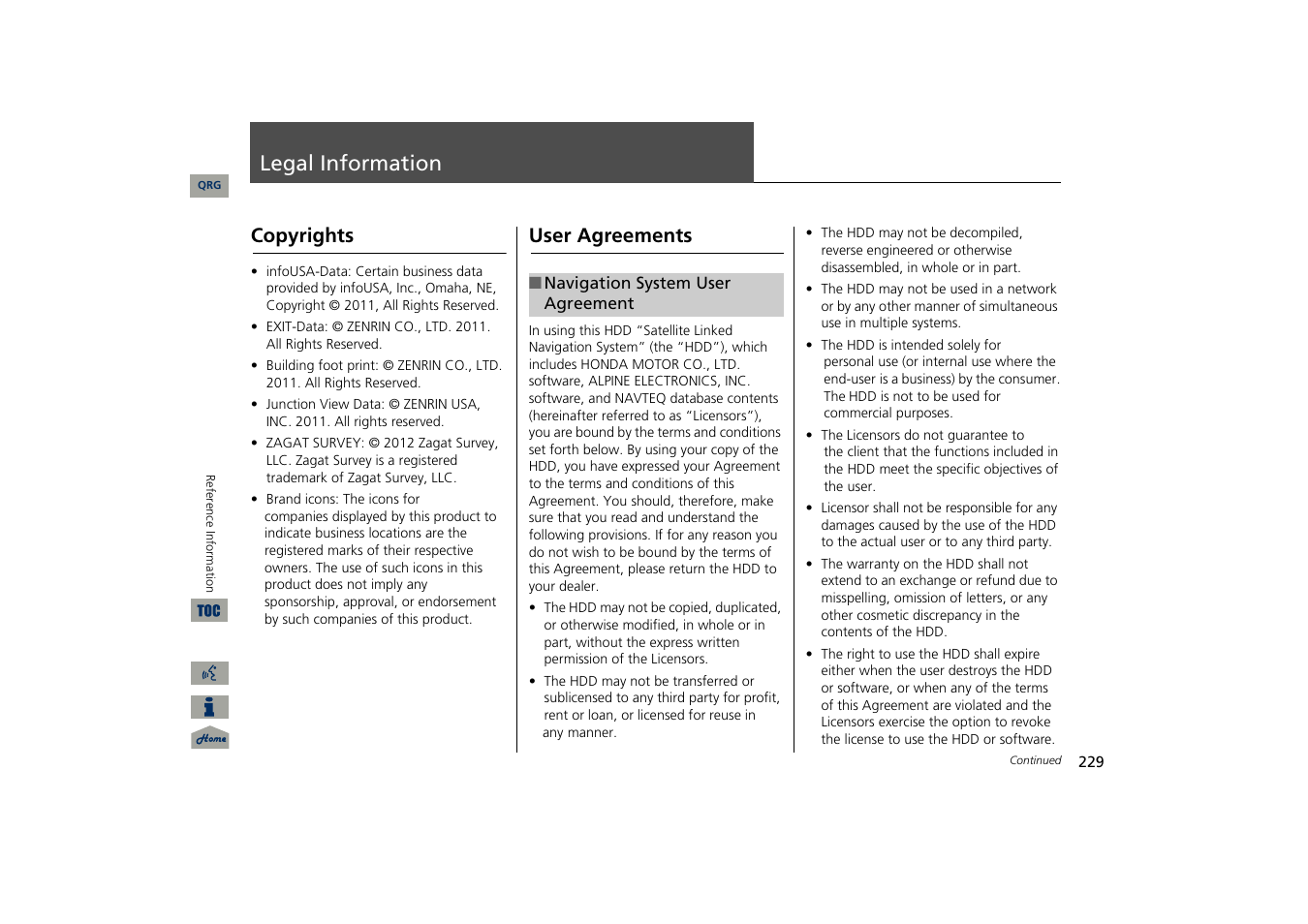 Legal information, Copyrights, User agreement | User agreements | Acura 2013 TSX Navigation User Manual | Page 230 / 252