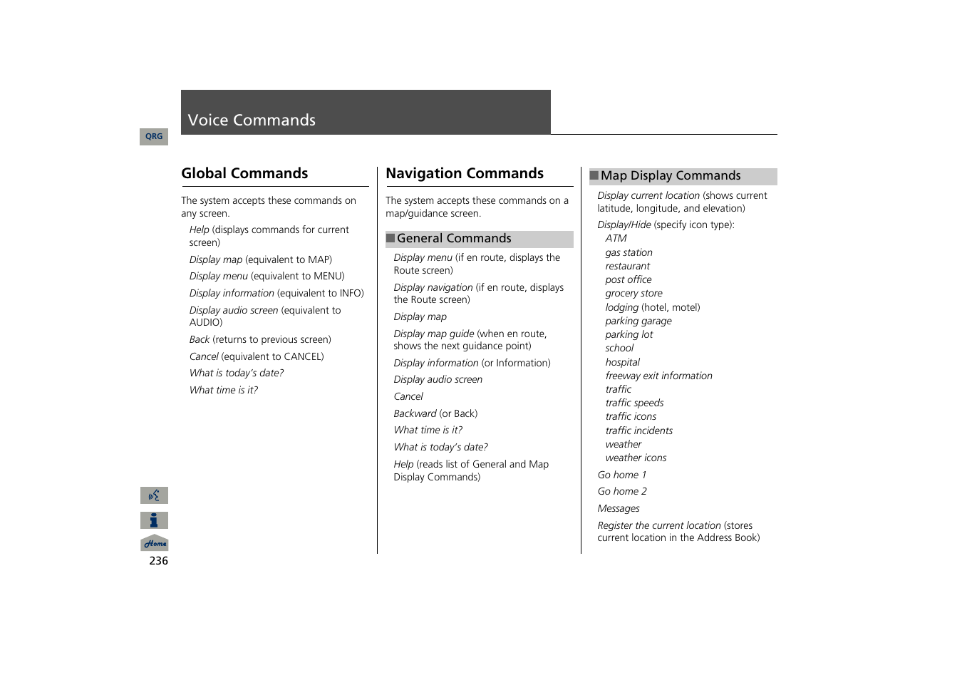 Voice commands, Global commands, Navigation commands | 2 voice commands, P. 236, 2 global commands p. 236, 2 map display commands p. 236 | Acura 2013 TSX Navigation User Manual | Page 237 / 252
