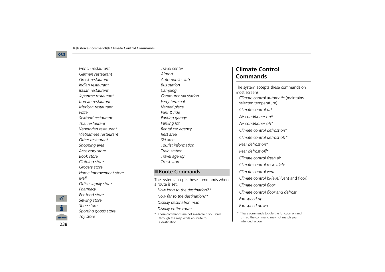 Climate control commands, 2 route commands p. 238 | Acura 2013 TSX Navigation User Manual | Page 239 / 252