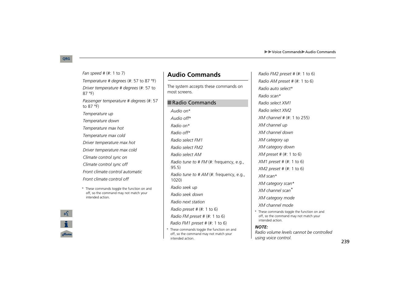 Audio commands, 2 radio commands p. 239 | Acura 2013 TSX Navigation User Manual | Page 240 / 252