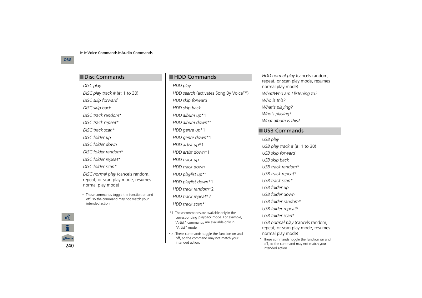 2 disc commands p. 240, 2 hdd commands p. 240, 2 usb commands p. 240 | Acura 2013 TSX Navigation User Manual | Page 241 / 252