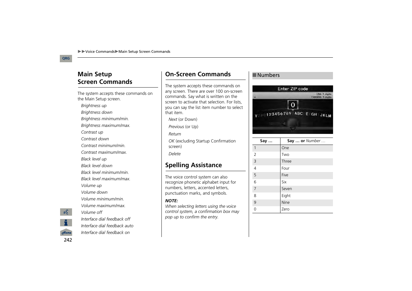 Main setup screen commands, On-screen commands, Spelling assistance | Acura 2013 TSX Navigation User Manual | Page 243 / 252