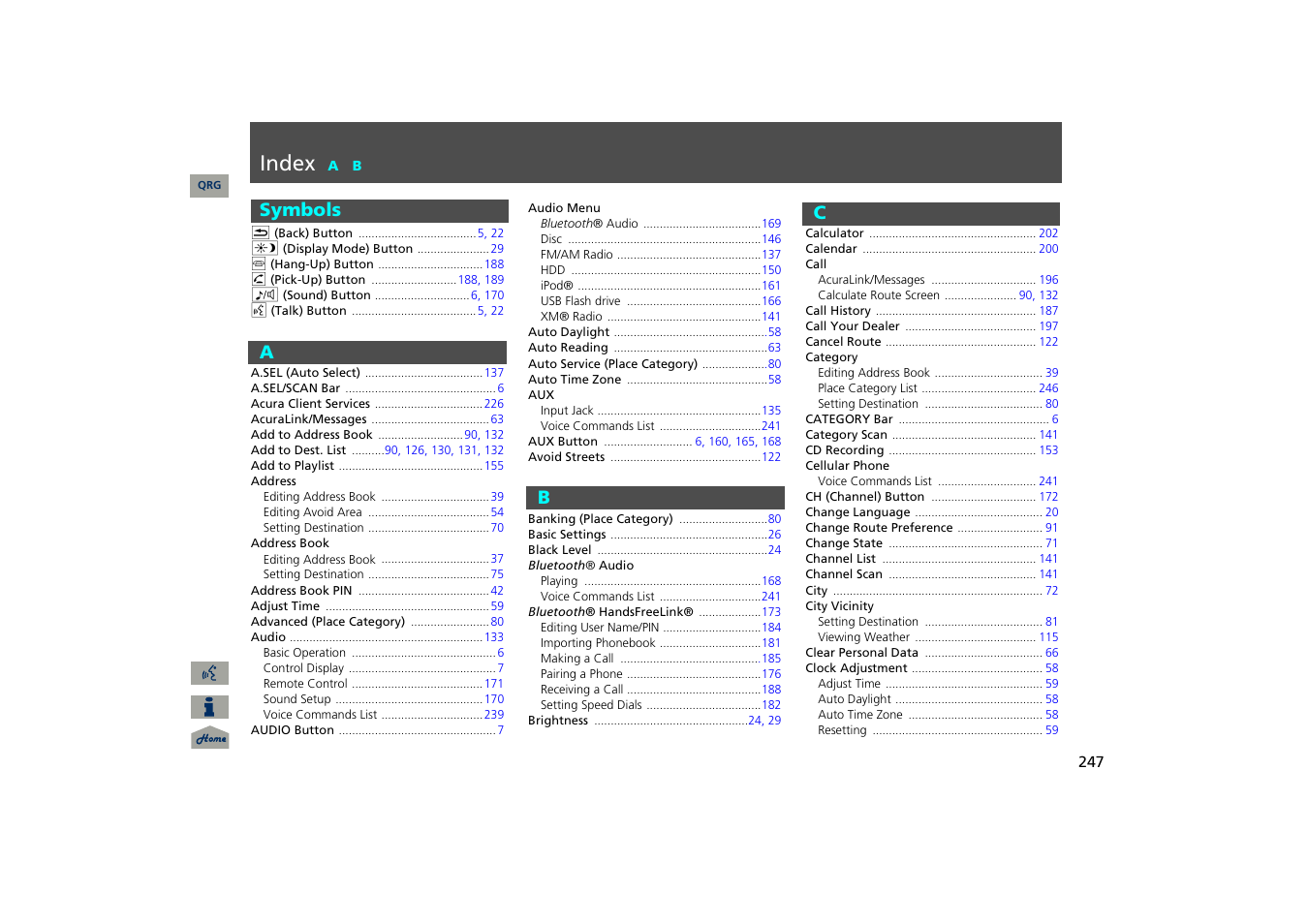 Index, Symbols, A - c | P.247 | Acura 2013 TSX Navigation User Manual | Page 248 / 252
