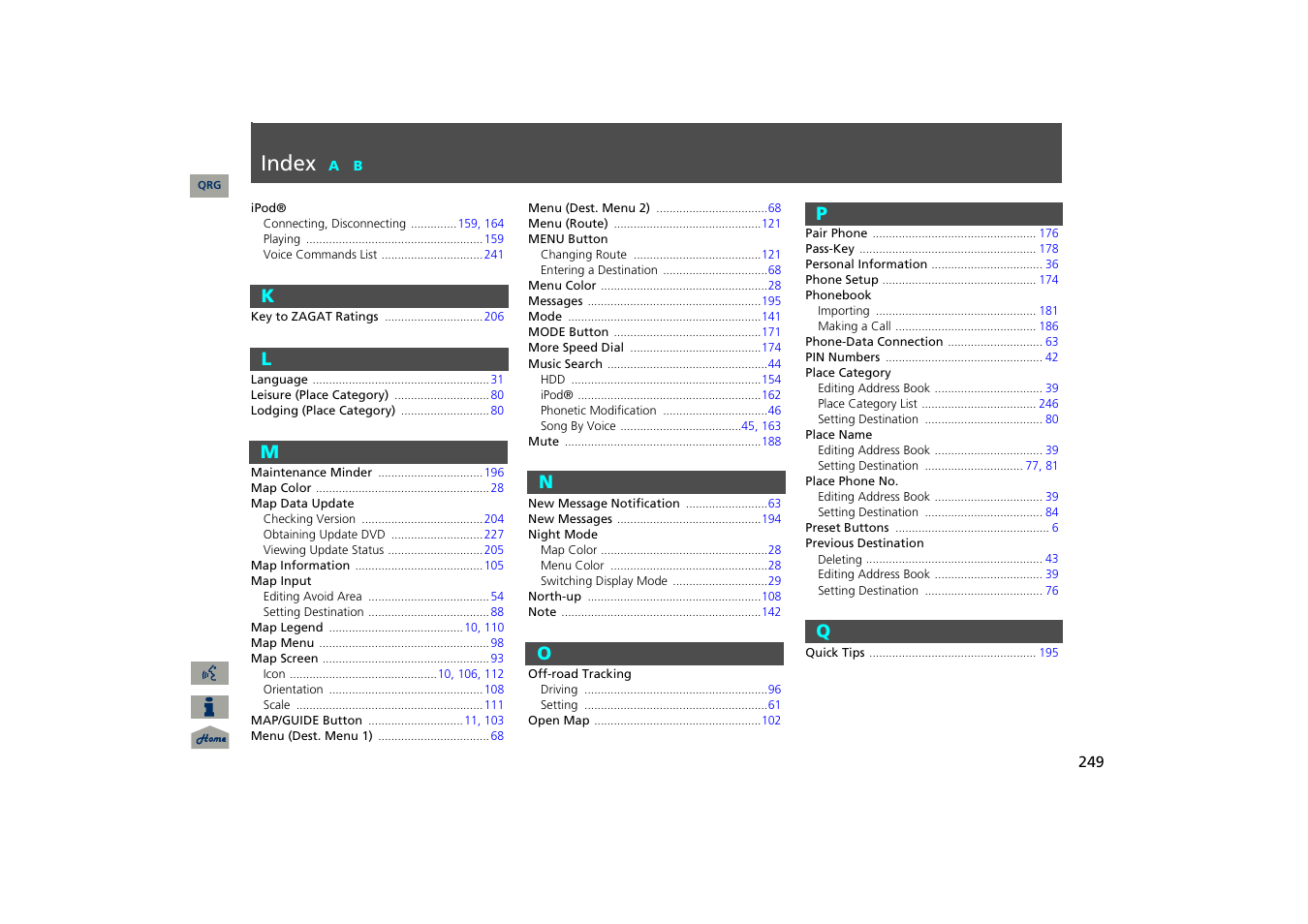 K - q, Index | Acura 2013 TSX Navigation User Manual | Page 250 / 252