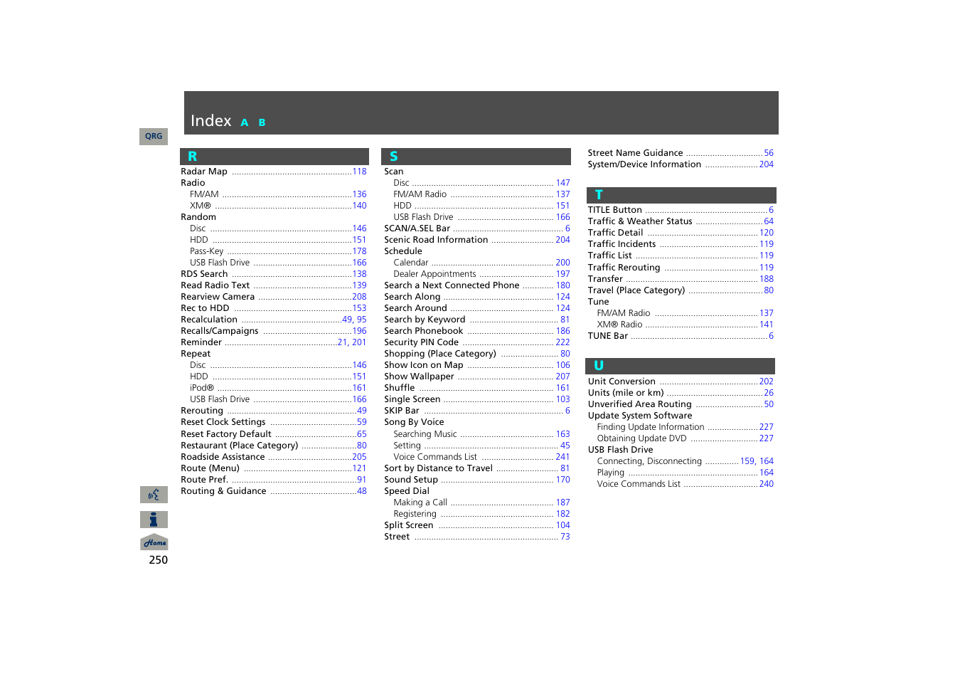 R - u, Index, Rs t u | Acura 2013 TSX Navigation User Manual | Page 251 / 252