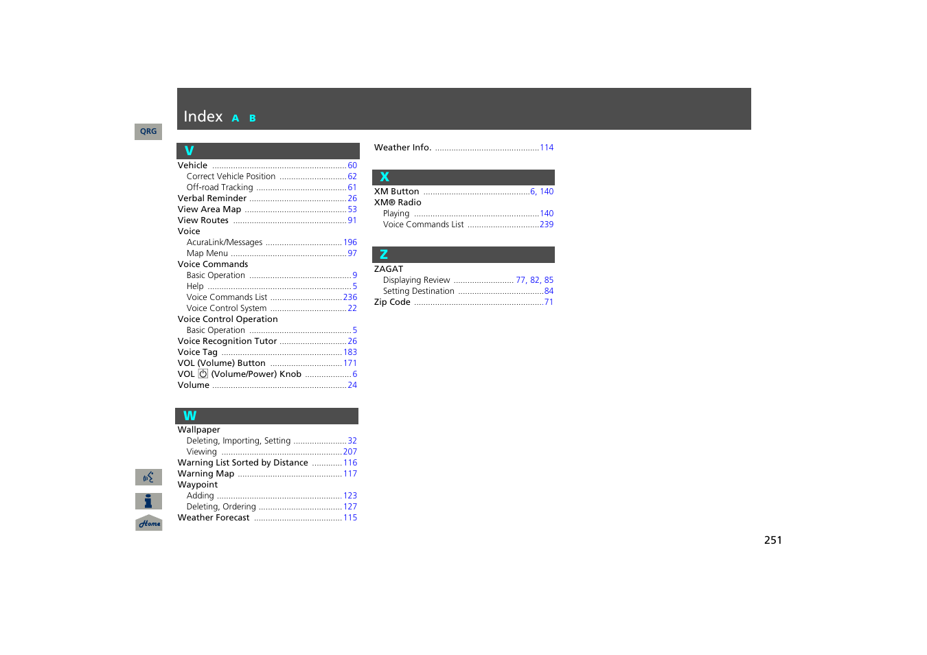 V - z, Index, Vw x y z | Acura 2013 TSX Navigation User Manual | Page 252 / 252
