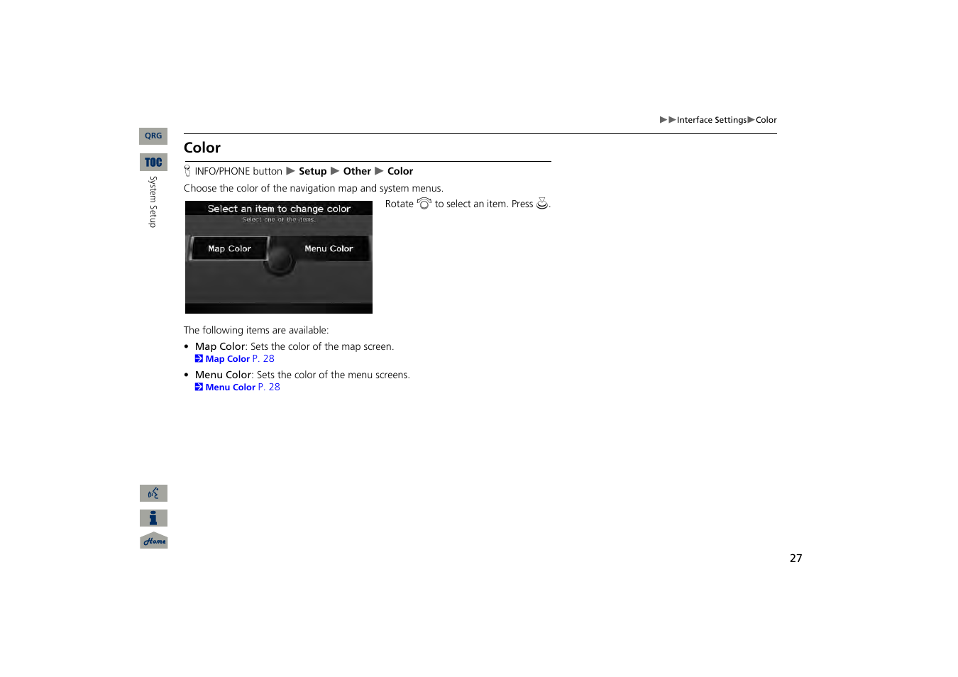 Color | Acura 2013 TSX Navigation User Manual | Page 28 / 252