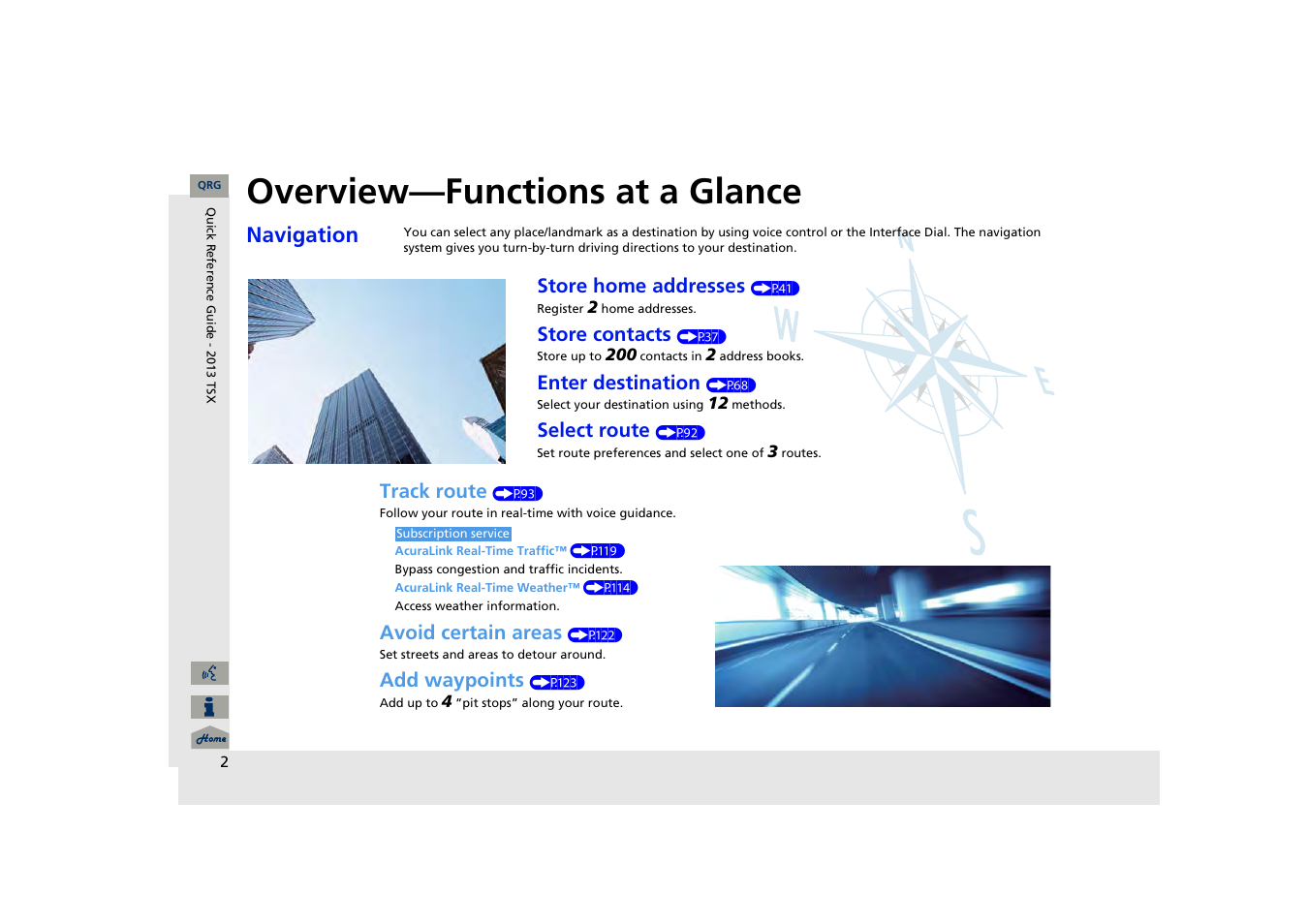 Quick reference guide, Overview-functions at a glance, Overview—functions at a glance | Navigation | Acura 2013 TSX Navigation User Manual | Page 3 / 252