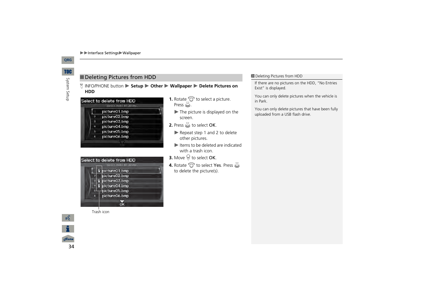 2 deleting pictures from hdd, P. 34 | Acura 2013 TSX Navigation User Manual | Page 35 / 252
