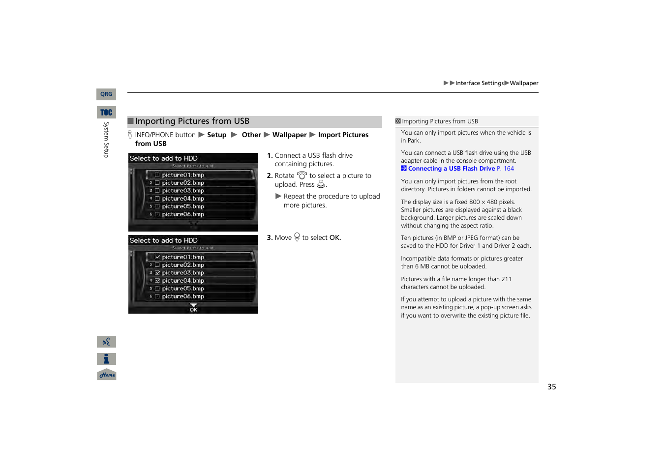 2 importing pictures from usb, P. 35 | Acura 2013 TSX Navigation User Manual | Page 36 / 252