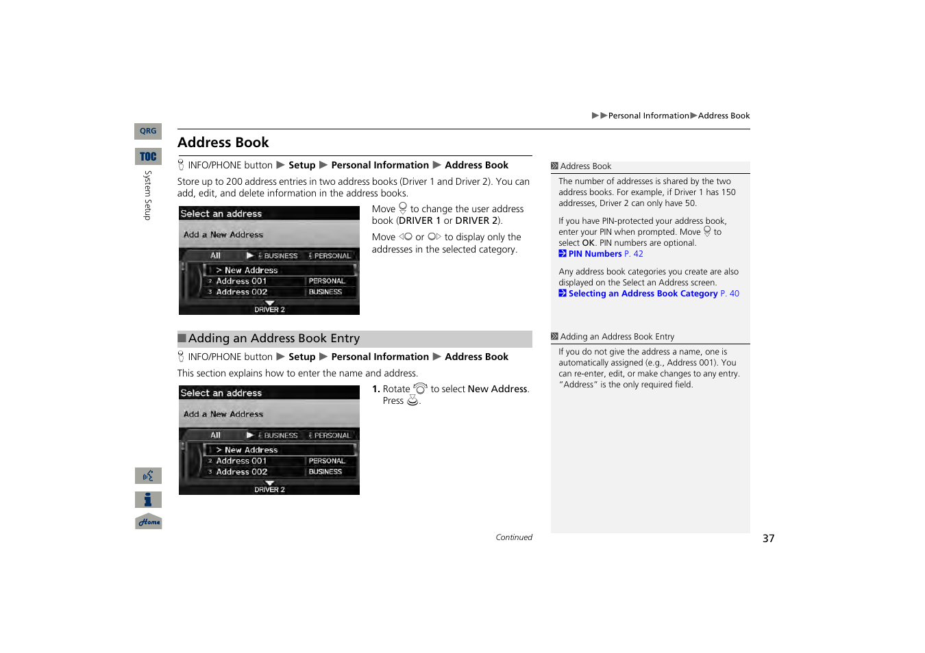 Address book, P37), 2 address book | P. 37 | Acura 2013 TSX Navigation User Manual | Page 38 / 252