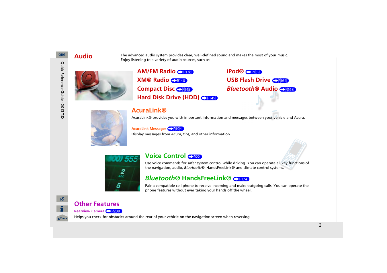 Other features, Audio, Acuralink | Voice control, Bluetooth ® handsfreelink | Acura 2013 TSX Navigation User Manual | Page 4 / 252
