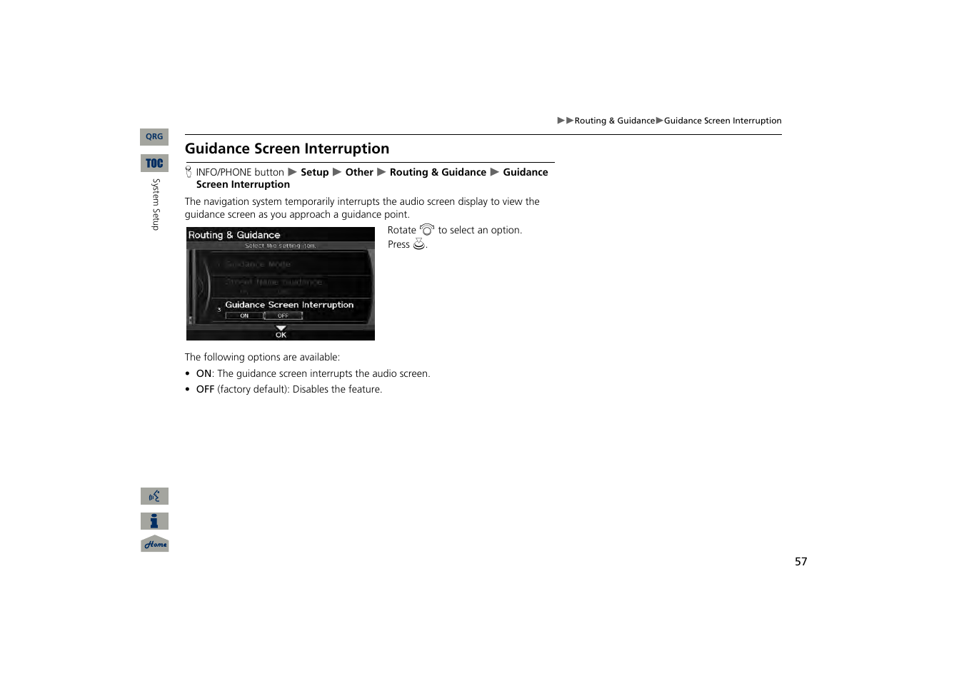 Guidance screen interruption, 2 guidance screen interruption, P. 57 | Acura 2013 TSX Navigation User Manual | Page 58 / 252
