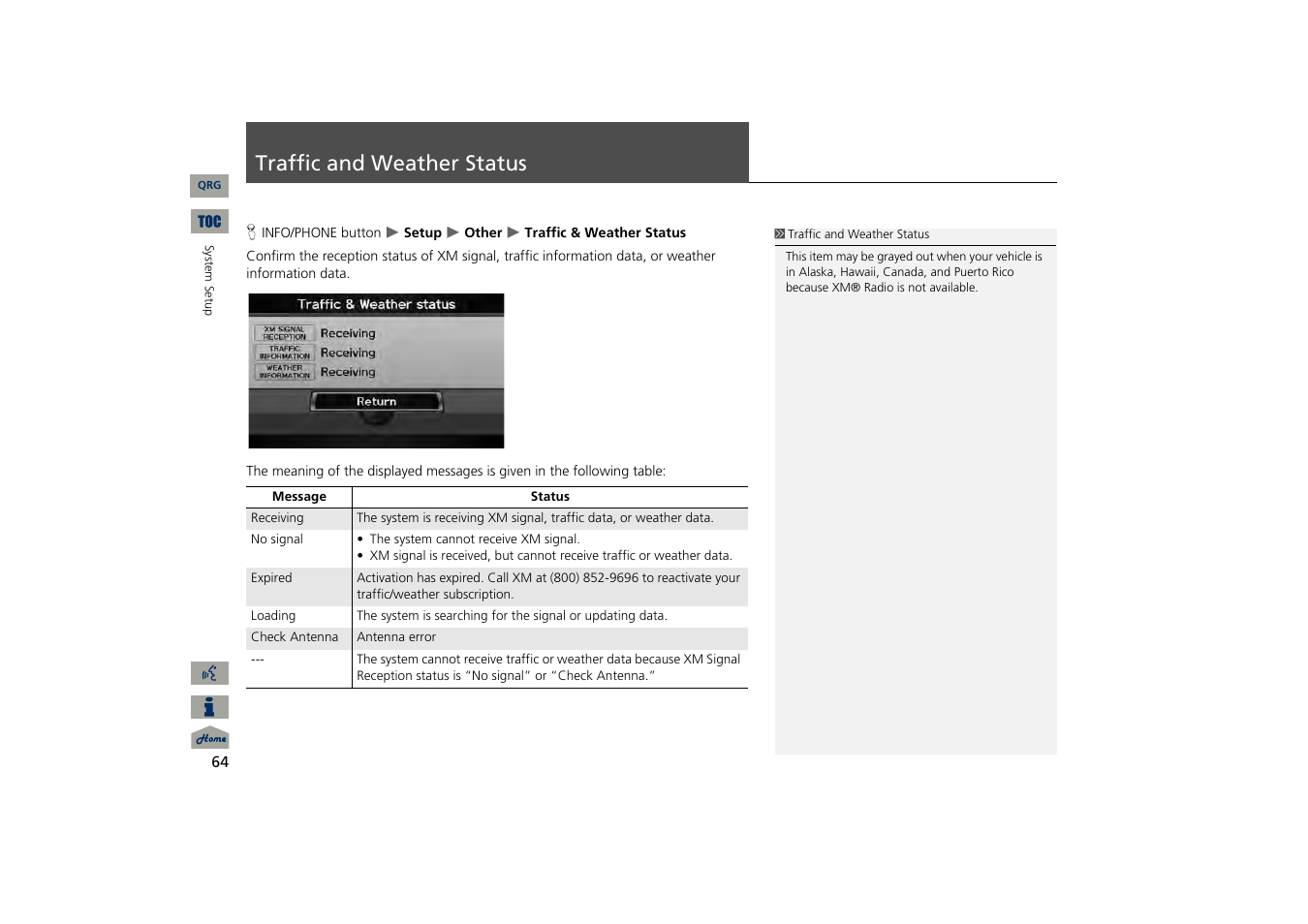 Traffic and weather status | Acura 2013 TSX Navigation User Manual | Page 65 / 252