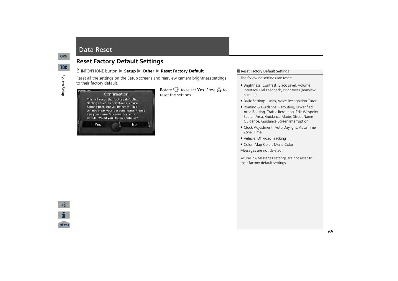 Data reset, Reset factory default settings | Acura 2013 TSX Navigation User Manual | Page 66 / 252