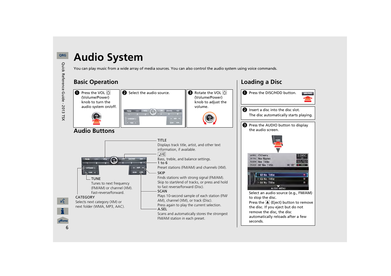 Audio system, Sc slot, Basic operation audio buttons | Loading a disc | Acura 2013 TSX Navigation User Manual | Page 7 / 252