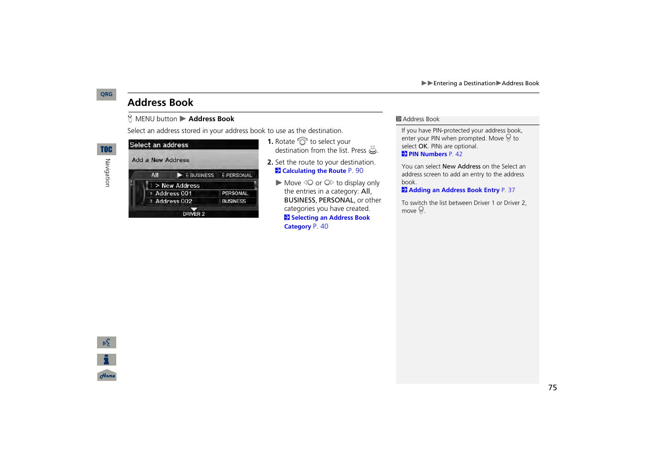 Address book, 2 address book, P. 75 | Acura 2013 TSX Navigation User Manual | Page 76 / 252