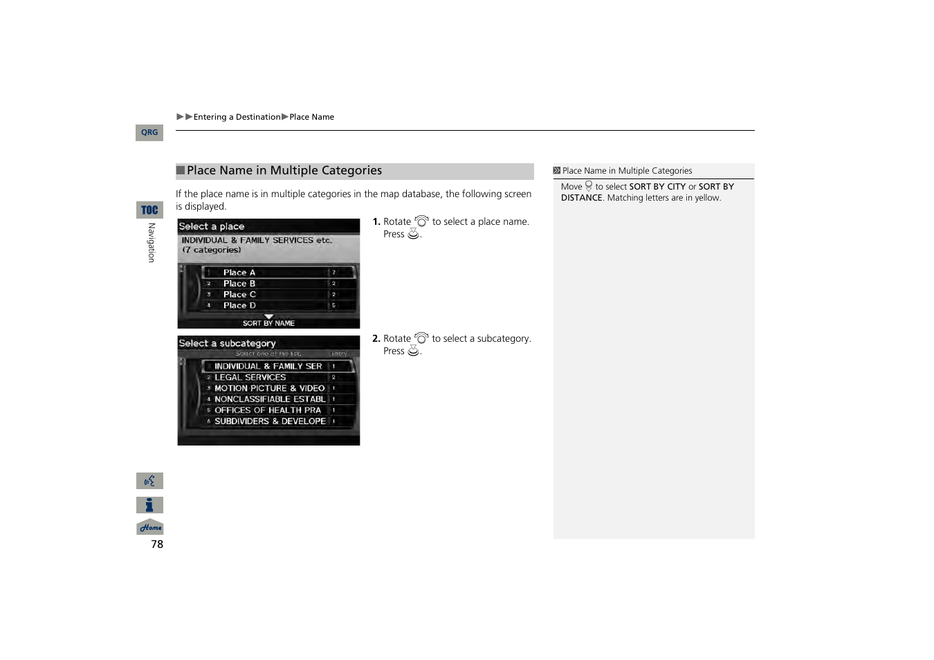 2 place name in multiple categories, P. 78 | Acura 2013 TSX Navigation User Manual | Page 79 / 252