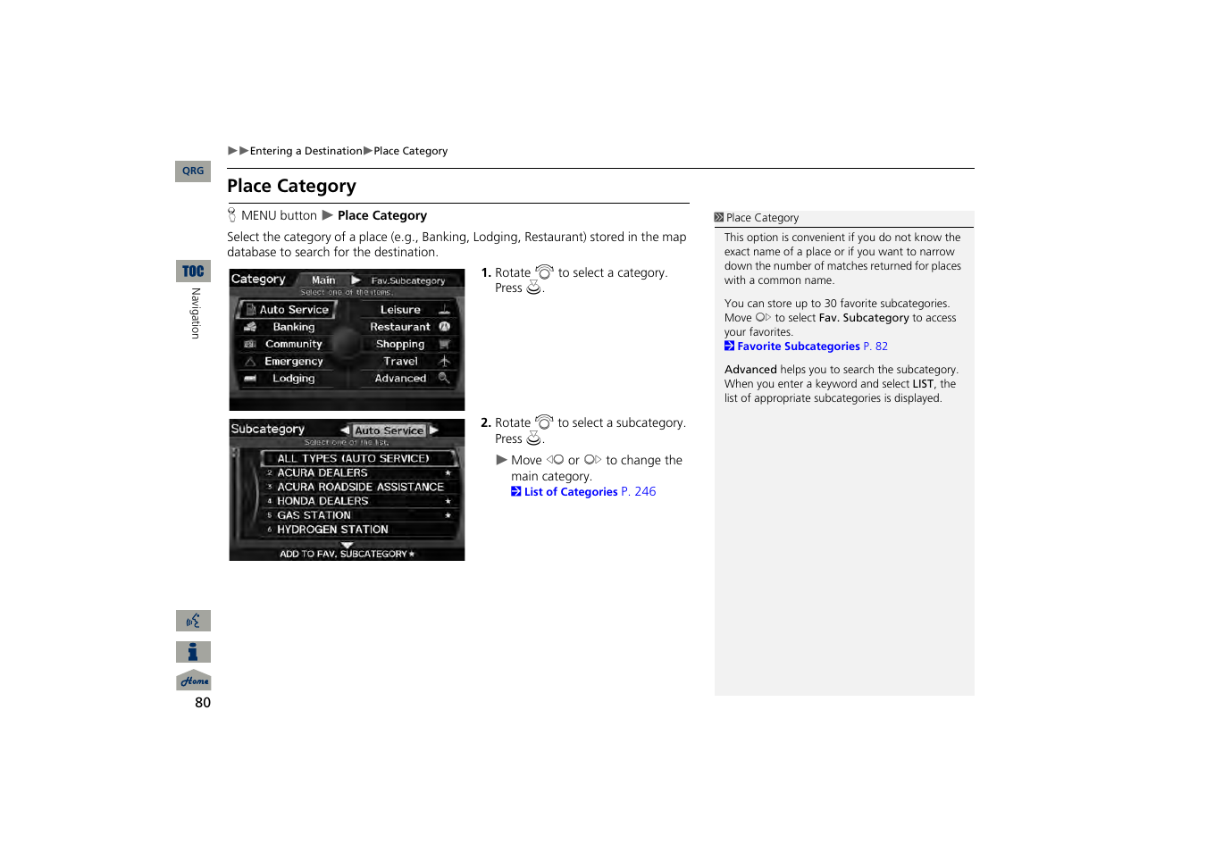 Place category, 2 place category, P. 80 | Acura 2013 TSX Navigation User Manual | Page 81 / 252