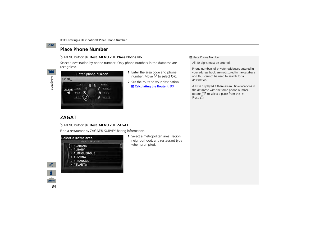 Place phone number, Zagat, 2 place phone number | P. 84, 2 zagat, 2 zagat p. 84 | Acura 2013 TSX Navigation User Manual | Page 85 / 252