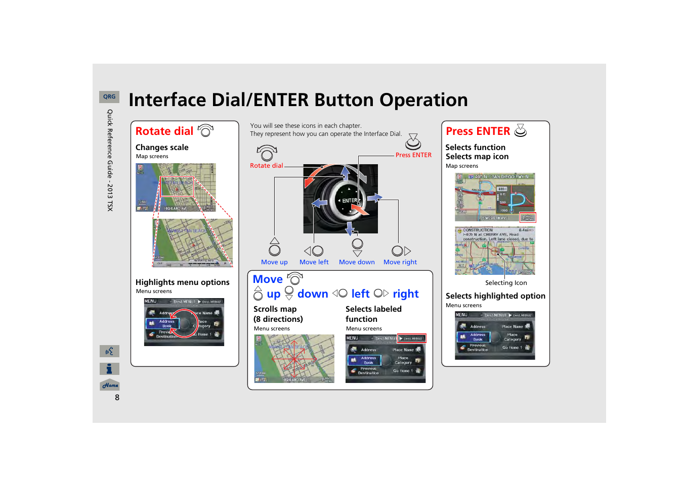 Interface dial/enter button operation | Acura 2013 TSX Navigation User Manual | Page 9 / 252
