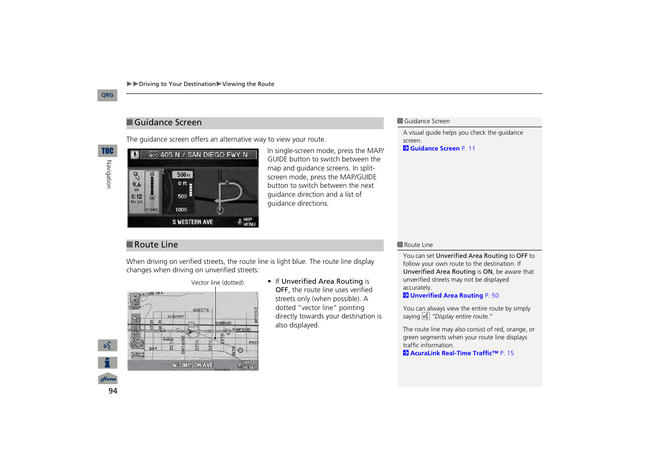P94), 2 route line, P. 94 | Acura 2013 TSX Navigation User Manual | Page 95 / 252