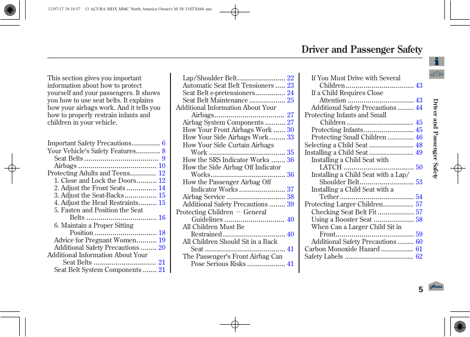 Driver and passenger safety | Acura 2013 MDX User Manual | Page 10 / 616