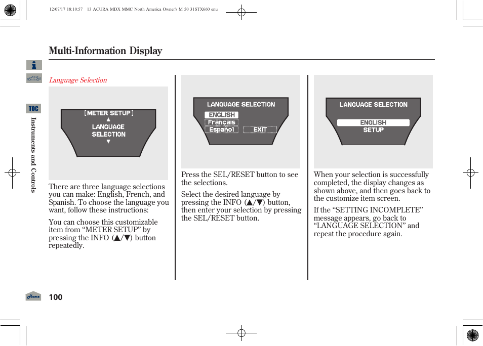 Multi-information display | Acura 2013 MDX User Manual | Page 105 / 616