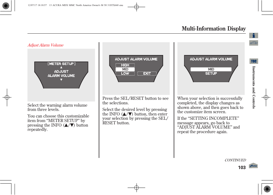 Multi-information display | Acura 2013 MDX User Manual | Page 108 / 616